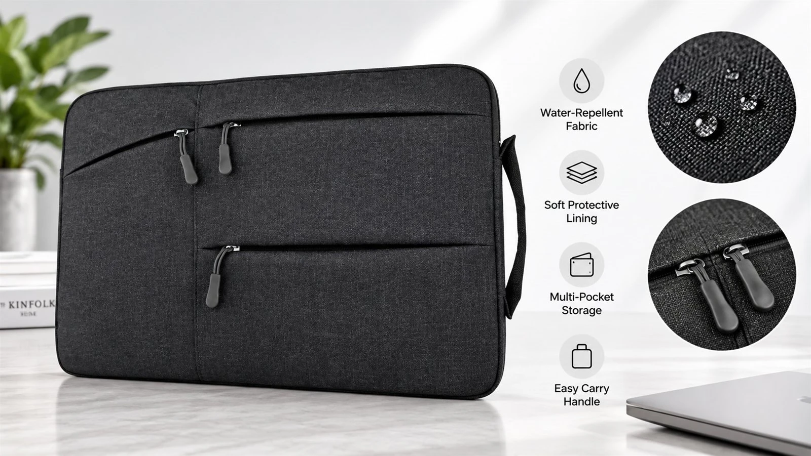 15.6 inch laptop sleeve with water-repellent fabric, soft protective lining, multi-pocket storage and carry handle 15.6 inch laptop sleeve with water-repellent fabric, soft protective lining, multi-pocket storage and carry handle